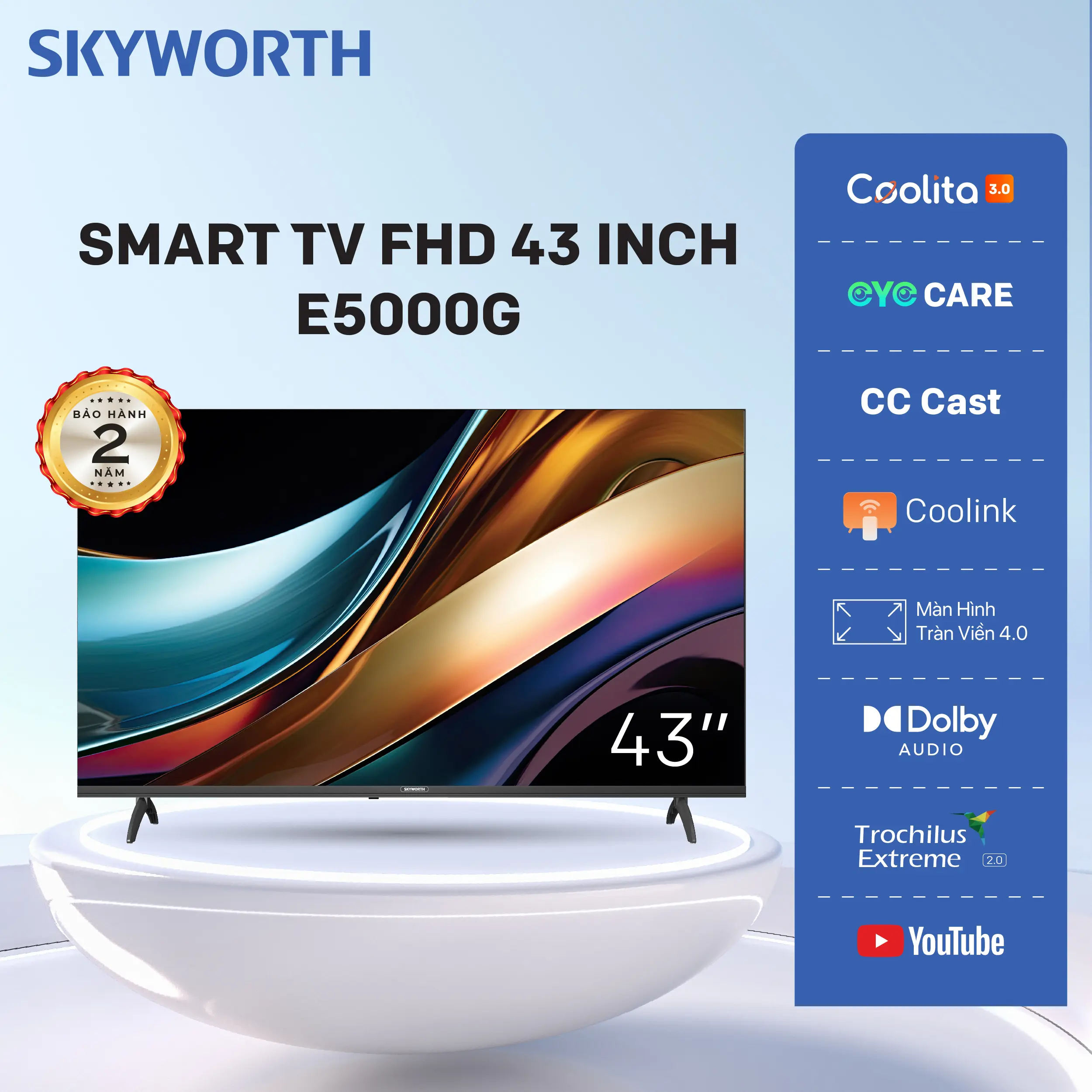 E5000G | FHD 43” Smart Coolita TV SKYWORTH - Model 43E5000G -Điều khiển tivi bằng giọng nói (Hỗ trợ qua ứng dụng Coolink từ điện thoại với hệ điều hành Android)