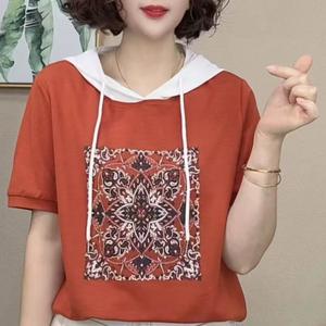 New Mom Summer Hooded T-Shirt Chic Base Shirt Women'S Fitted European Style Short Sleeve Hoodie Top