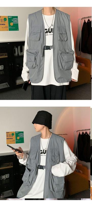 Product Introduction of Spring and Autumn Ins Mechanical Style Work Vest Vest Man Loose Hong Kong Style Fashion Brand All-Matching Multi-Pocket Sleeveless Jacket 9
