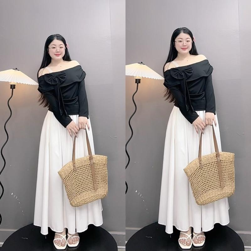 Set Bigsize Nữ Dịu Dàng CÓ LẺ Áo Váy Set Bigsize Bao Gồm Áo Bẹt Vai Đính Nơ Phối REN TRẮNG Vải Tăm QC Mát Váy Dài Nàng Thơ Phong Cách Dịu Dàng 55-95Kg - A276 CV15