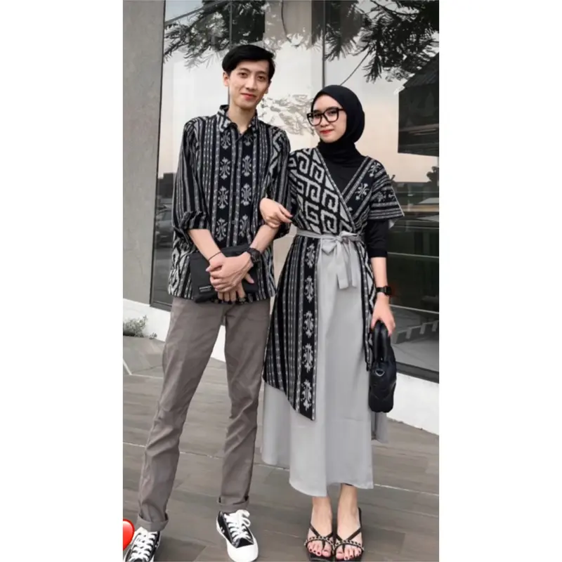 Set Couple Andin Hitam Abu Dress Kondangan Baju Batik Tenun Wanita Kain Panjang Polos Kombinasi Keluarga Pasangan 0
