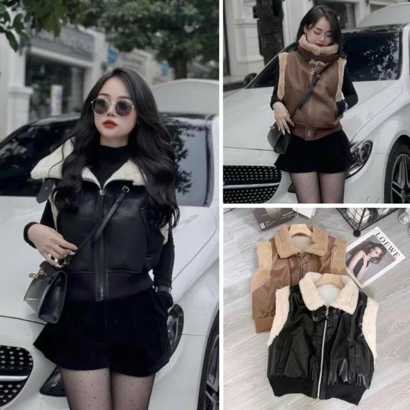 Áo khoác gile da cổ lông trẻ trung ấm áp dưới 55kg Nữ