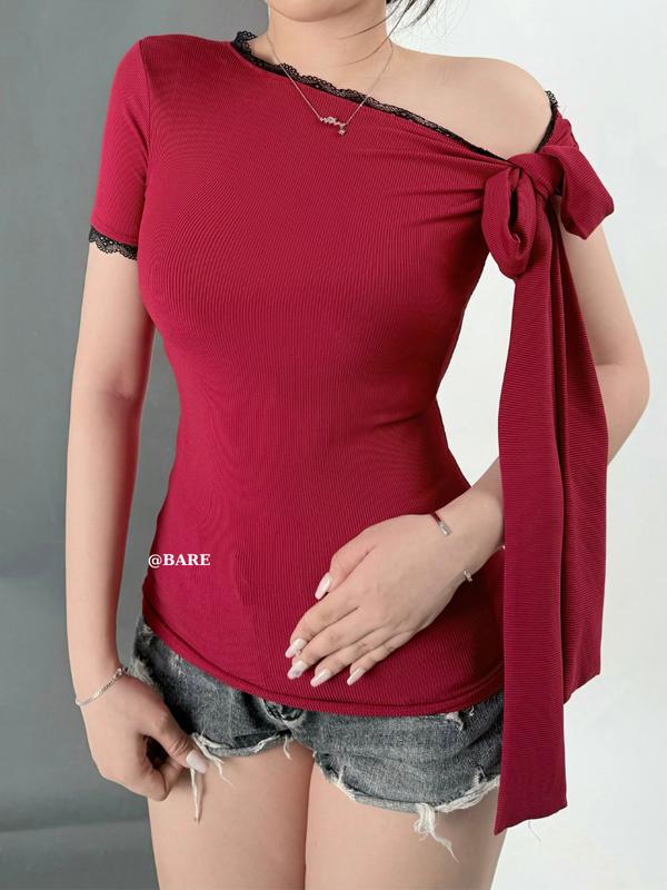 BARE_Áo Thun Nữ Lệch Vai Tay Ngắn Phối Ren Kèm Dây Cột Nơ, Áo Thun Nữ Tay Ngắn Phối Ren Buộc Nơ_A451 Women Top Nhung Kem Voi Sơ Mi 1