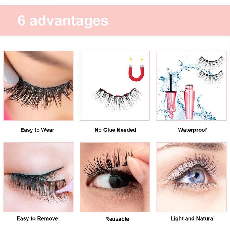 Reusable False Magnetic Eyelashes with Eyeliner & Tweezers, 5 Pairs Fluffy Eye Strip Lashes, Natural Curling Strip Lashes, Soft and Curl Fake Lashes for Women, Summer Makeup, Valentine's Day Gift, Cosmetic, DIY 4