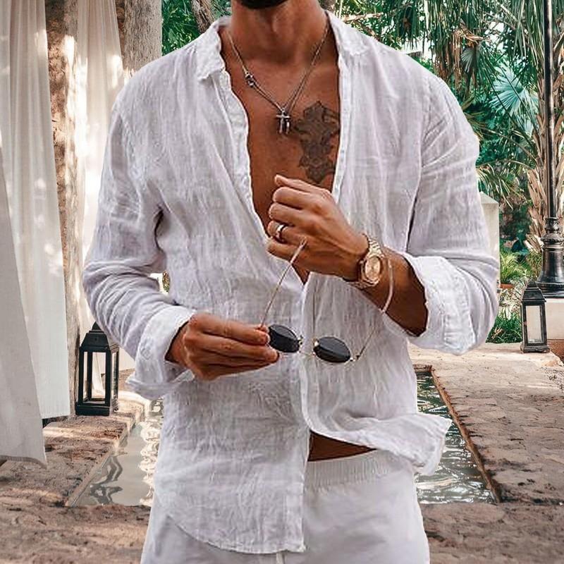 Product Introduction of Men Plain Cotton And Linen-Blend Loose Lapels Long-Sleeved Casual Cardigan Beach Shirt 14