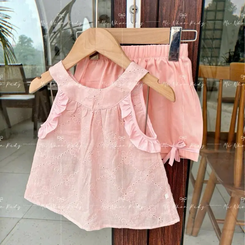 Bộ đồ tay ngắn cổ thắt nơ màu hồng (có ánh cam nhẹ, không phải hồng phấn) cho bé gái mặc mùa hè - BD03