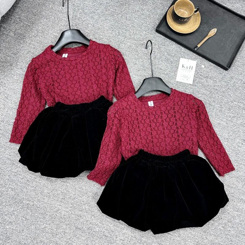 Sét áo zen đỏ hoa nổi kèm chân váy bí phồng xinh (có lót quần trong) be gái 8-30kg