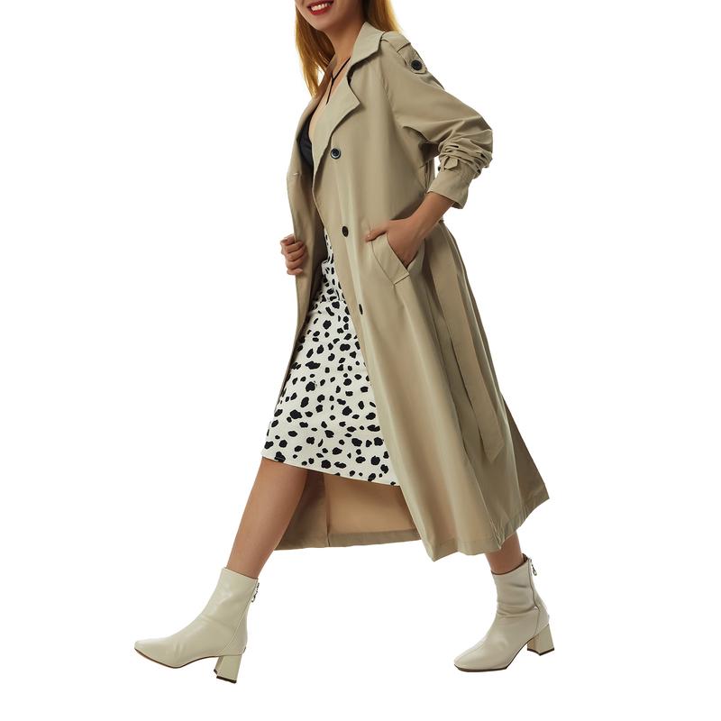 Product Introduction of Women´s Double Breasted Long Trench Coat, Classic Lapel Long Sleeve Windproof Overcoat with Belt Womenswear Army 39