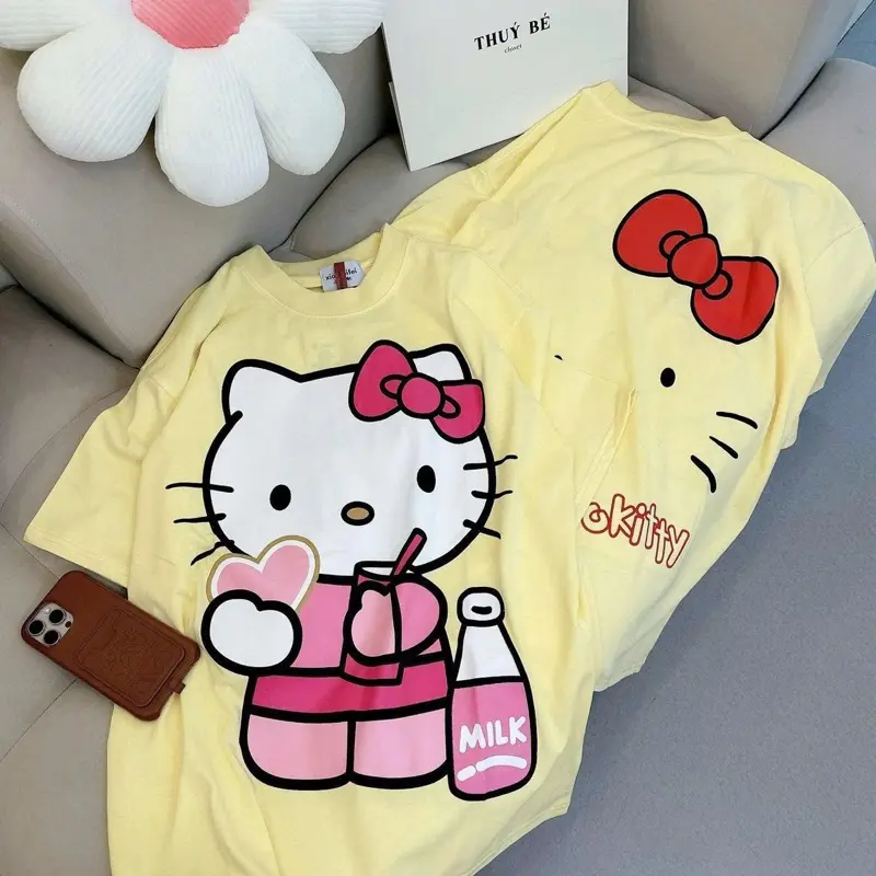 [NEW COLECTION 2025 THIENAN CLOSET] Áo Phông Hello Kitty Đeo Nơ In 2 Mặt Chất Cotton 2 Chiều