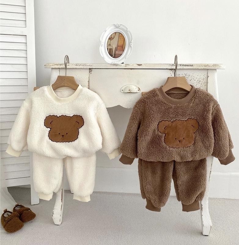 SB07 Set Đồ Lông 3 Món Áo Quần Và Mũ, Thiêu Hình Gấu Cho Bé Trai, Bé Gái 8-18Kg 1
