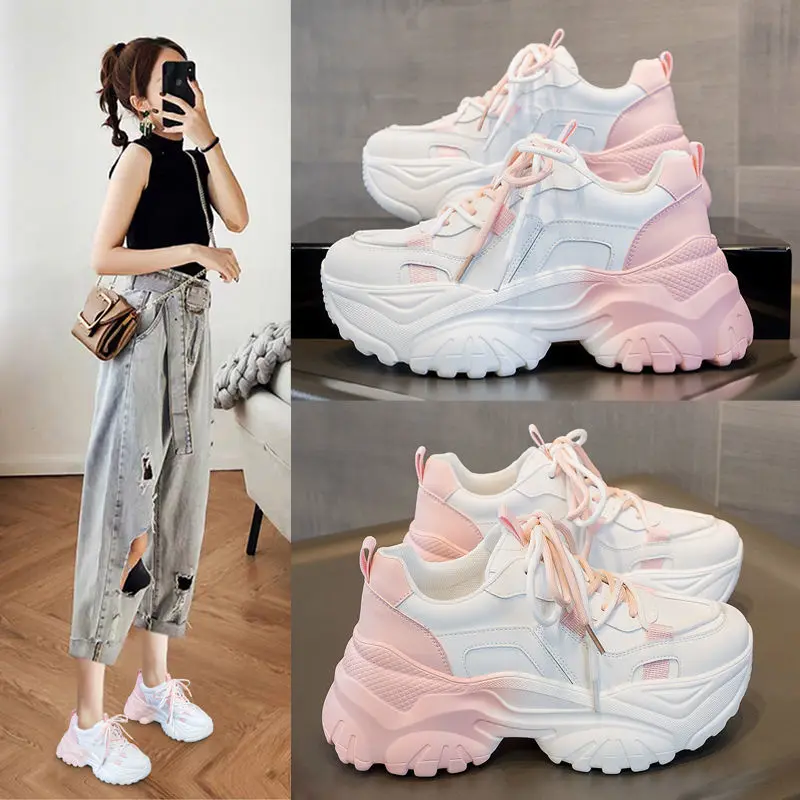 2024 Four Seasons New Gradient Color Women's Shoes Dad Shoes Thick Bottom Increased Leather Surface Design All-Matching Fashion Minority Design