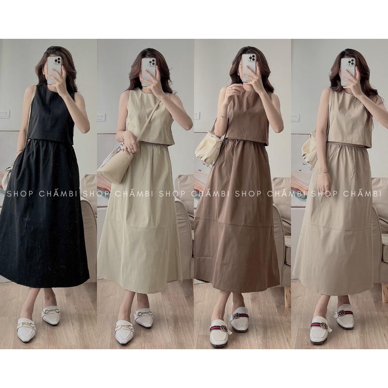 Set đồ nữ đi chơi S.132, Set áo croptop khoét nách cổ tròn kèm chân váy A dáng dài cạp chun - Shop Chấm Bi