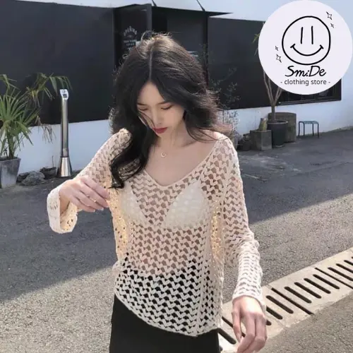 Áo Khoác Choàng Ngoài Bikini Ren Móc Len Chui Đầu Họa Tiết Trái Tim Lưới Màu Kem Tay Dài Cổ Tim Form Rộng Freesize