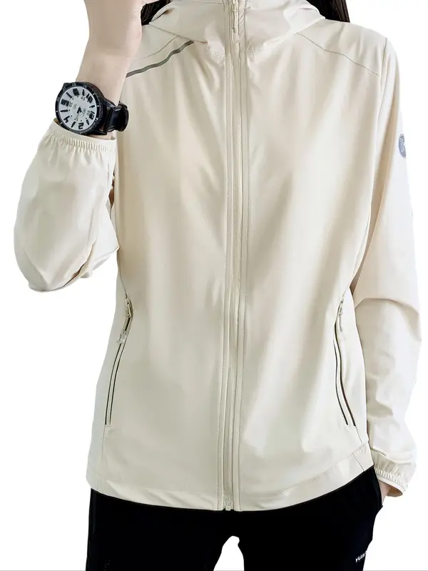 Women's Solid Color Ice Silk Zip Pocket Hooded Jacket, Casual Long Sleeve Sun Protection Jacket for Outdoor Activities, Ladies Sportswear for Spring & Fall 0