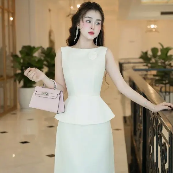 Váy Nữ MAY M175 Peplum Che Bụng - Đầm Kem Thiết Kế Dáng Dài Chuẩn MAY
