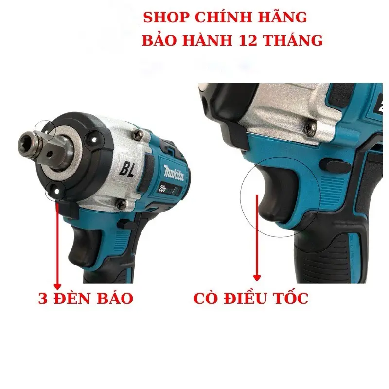 Máy Siết Bulong Makita kèm phụ kiện, máy bắn bulong, mở ốc, bắt vít, khoan, Pin 20v 10 Cell, Đầu 2 trong 1, Động cơ không chổi than 4