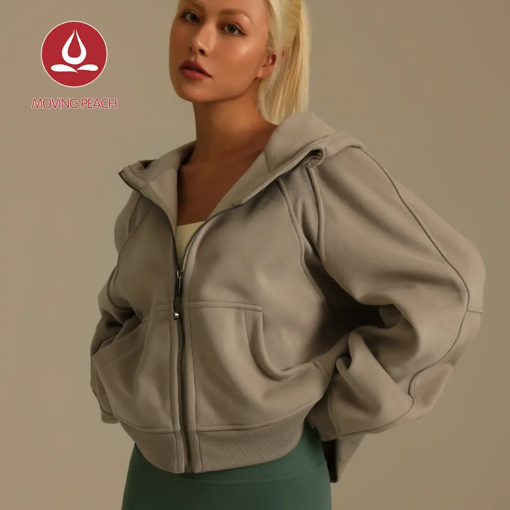 MOVING PEACH Coat for Women Oversized Full-Zip Hoodie Warm Brushed Outdoor Sports Cropped Jacket with Wind-proof Hood BSHL