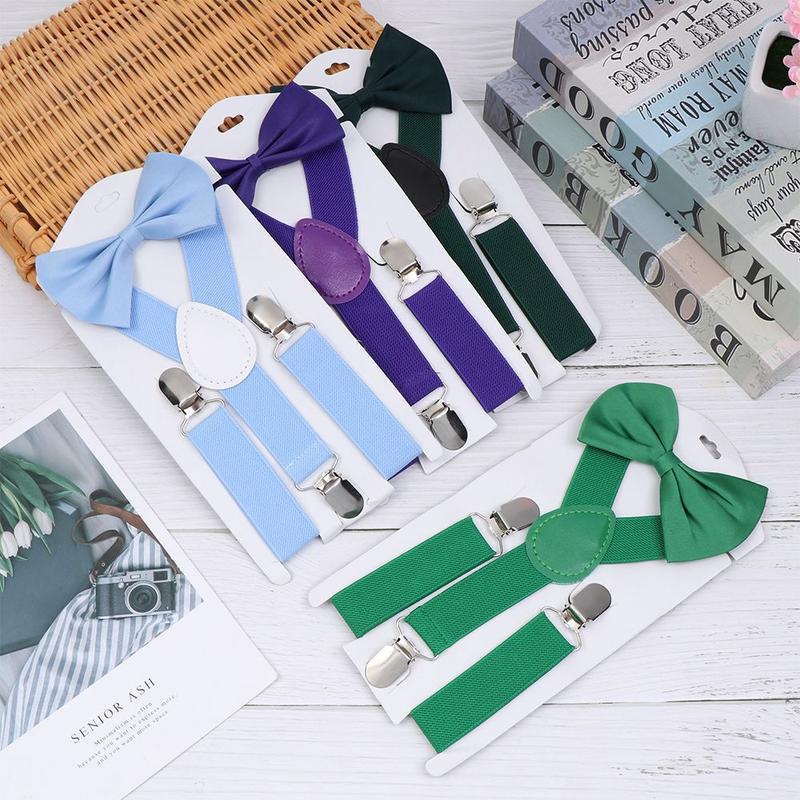 Product Introduction of 2 Sets Gifts Charming Solid Color Hair Bow Set Baby Clip-on Adjustable Elastic Braces Kids Suspenders Cow Tie Belts Printed Bow Tie 17