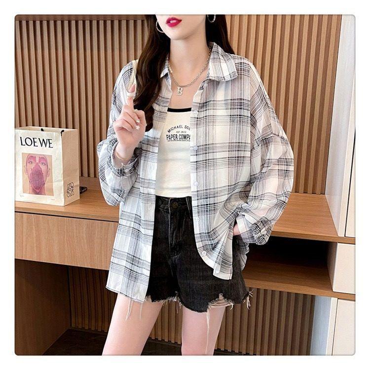 Product Introduction of Sun Protection Clothing for Women Thin Plaid Chiffon Shirt Oversize Coat for Women Breathable New Summer Loose Shirt Women 23