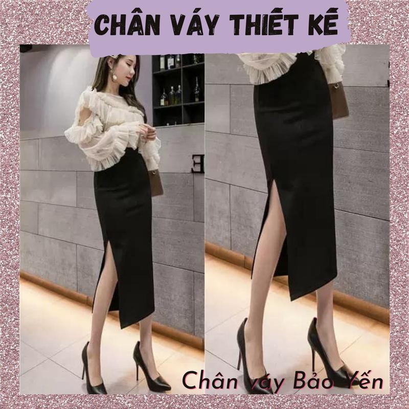 Chân váy bút chì đen dài tới bắp xẻ sườn- M70