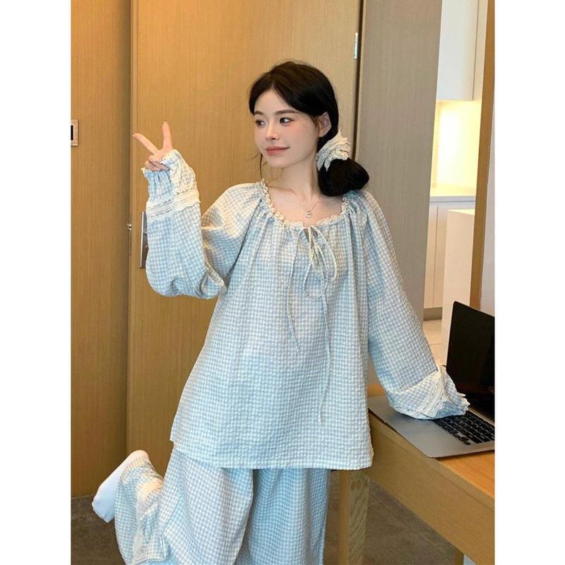 Bộ Đồ Ngủ, Phong Cách Hàn Quốc, Mùa Xuân Và Mùa Thu, Thiết Kế Dáng Rộng Rãi, Họa Tiết Lưới, Chi Tiết Ren Ngọt Ngào, Có Cà Vạt Ren. Bộ Áo Dài Tay Và Quần Dài, Tạo Cảm Giác Thoải Mái Và Phong Cách 3