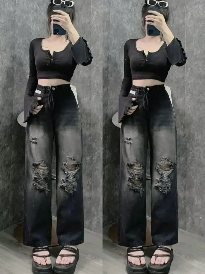 Quần jeans nữ dáng xuông cạp cao hách dáng,chất bò mềm không dãn - Thương hiệu uy tín - Pants, Women