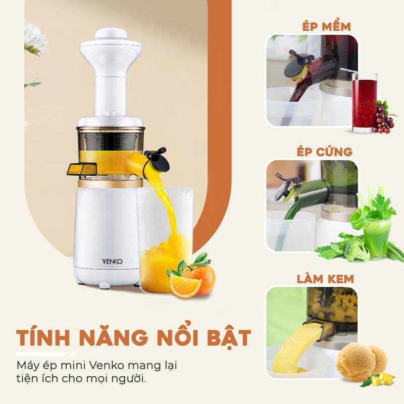 Máy ép chậm mini Venko, Xay sinh tố ép kiệt nước đến 98%, Lưới lọc 0,1mm siêu nhỏ, Công suất 150W máy  ép 3