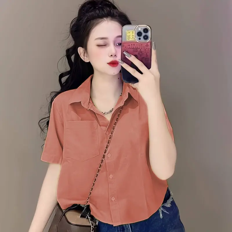 Áo sơ mi nữ tay ngắn form rộng, Áo croptop nữ kiểu 5