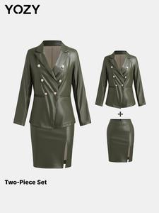 YOZY Two-Piece Set Women's Solid Button Front Lapel Neck Blazer & Split Thigh Skirt, Long Sleeve Outerwear & Skirt, Ladies Clothes for All Seasons