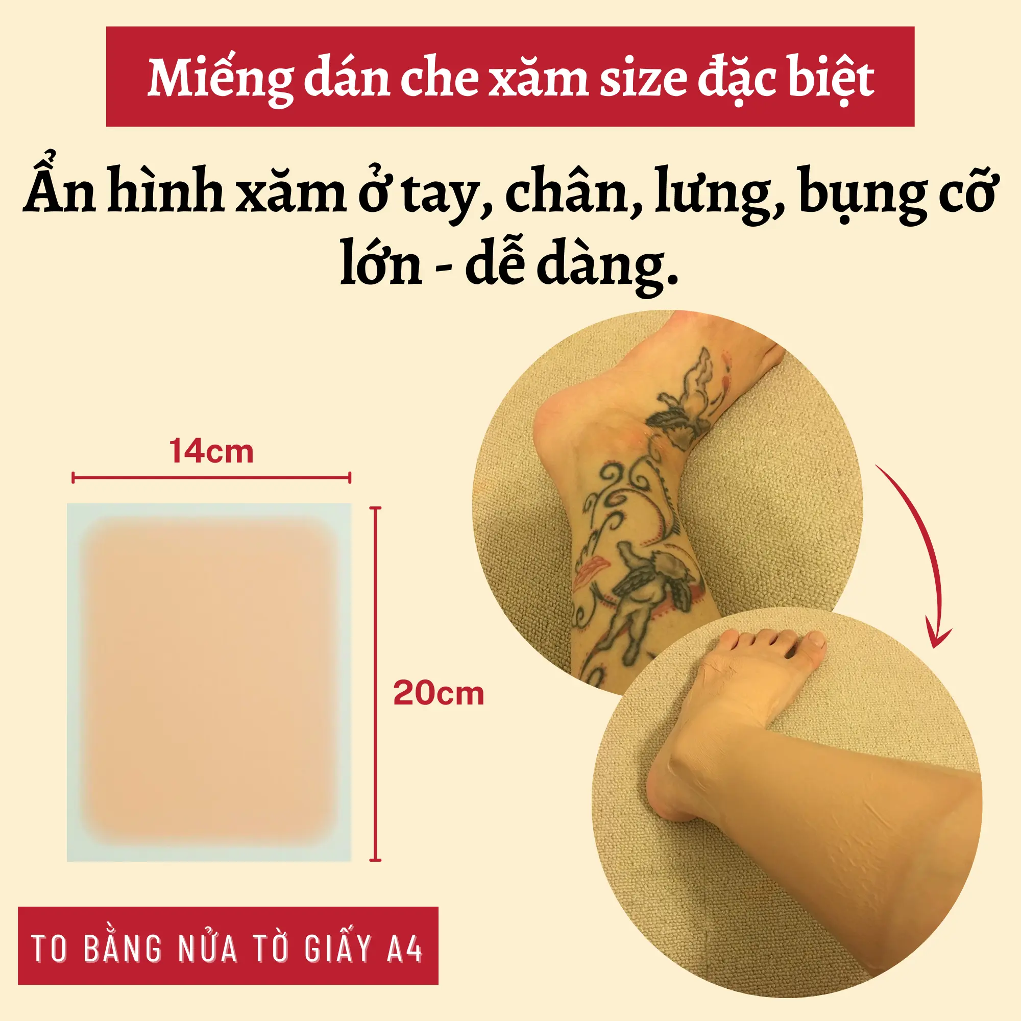 Miếng dán che hình xăm lớn ở chân, tay, lưng kích thước 14x20cm chống nước, chống mồ hôi.