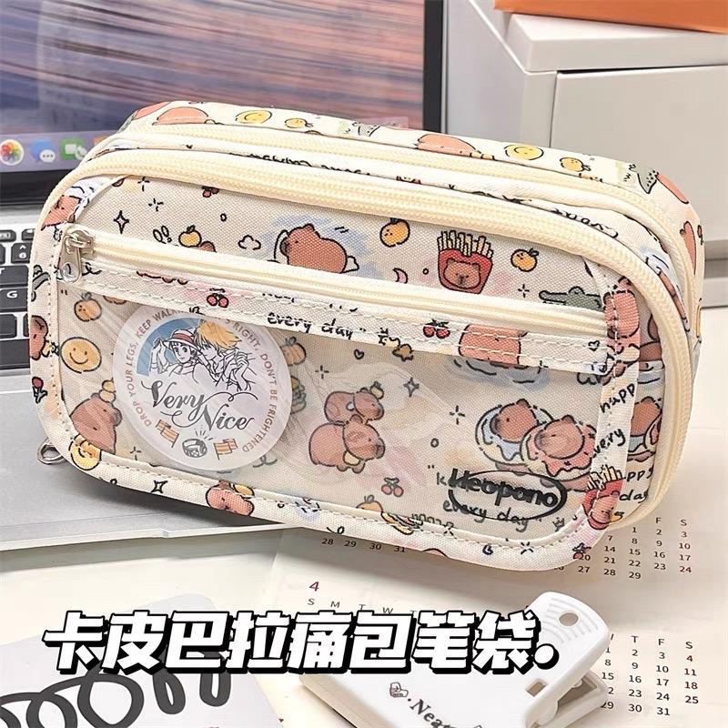 [Tặng sticker gấu trúc/capybara] Túi đựng bút Capybara cỡ lớn 6 ngăn KAMI TB60 , túi đựng mỹ phẩm, Hộp bút Capybara vải họa tiết trong suốt đáng yêu tiện lợi phong cách Hàn Quốc