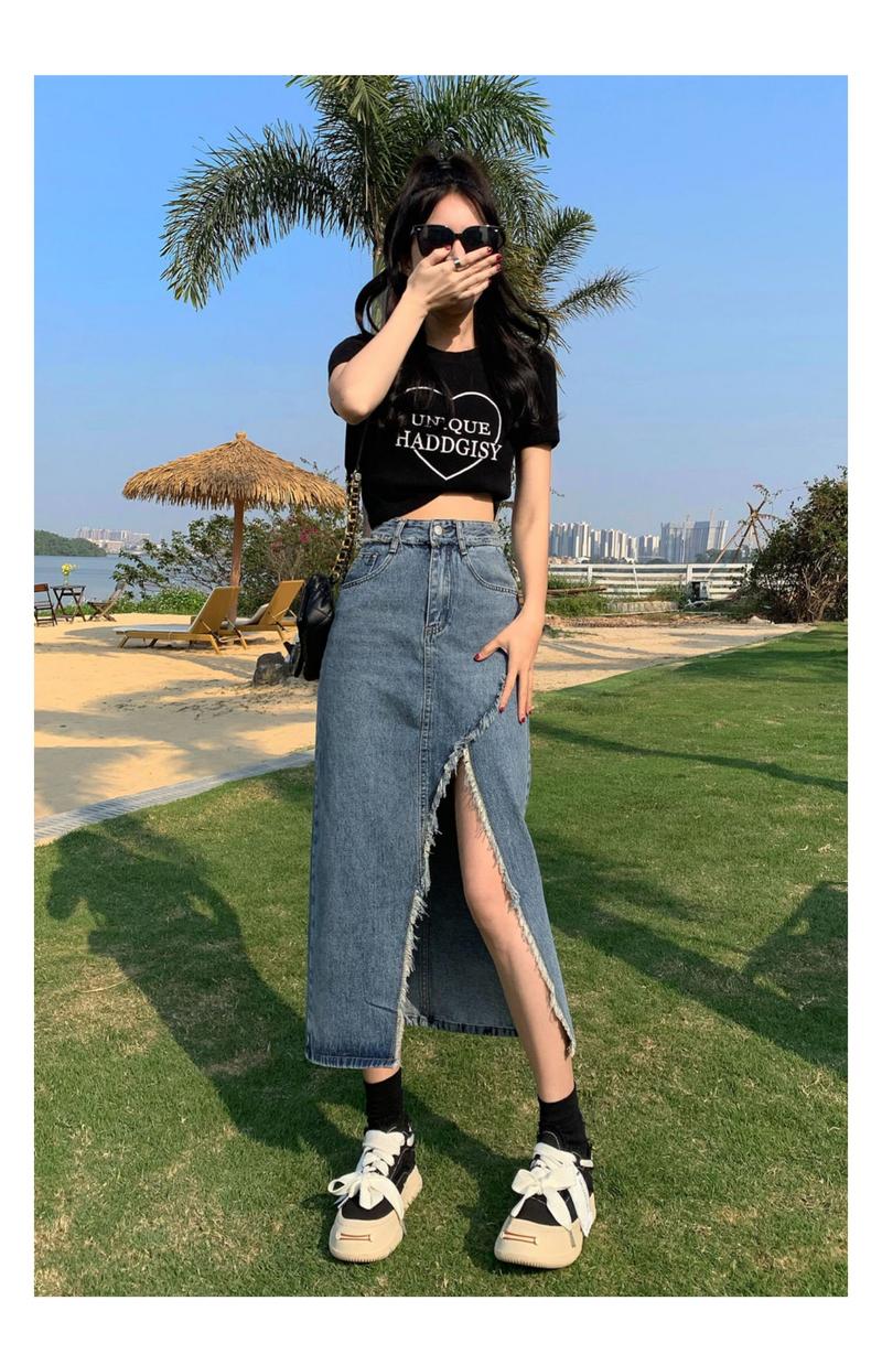 Product Introduction of Tassel denim mid-length spring and autumn 2023 new style raw edge high waist slimming fashionable all-match trendy long skirt 10