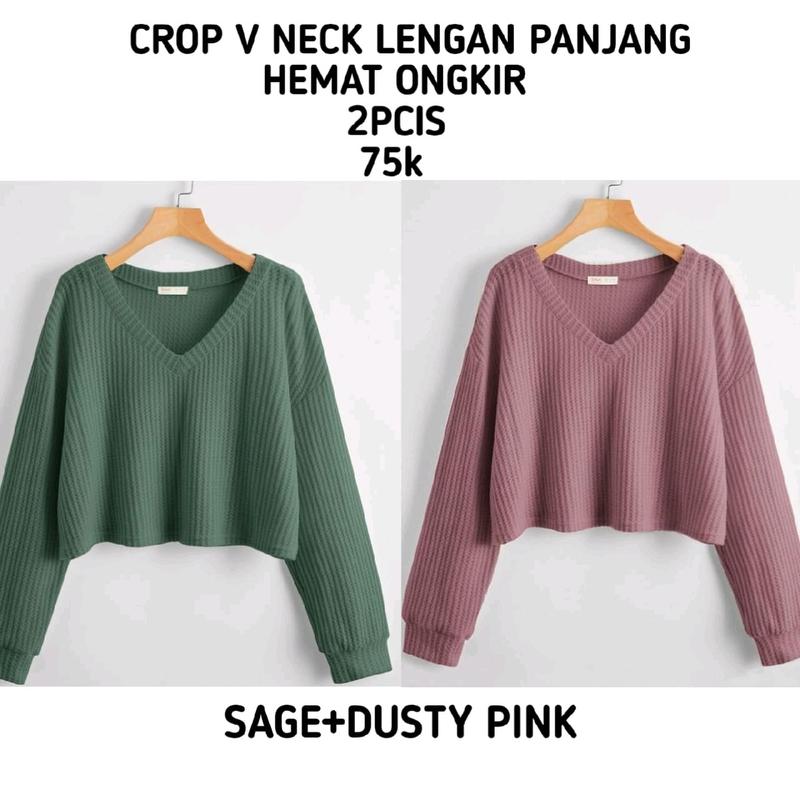 Promo 2pcis Crop V Neck Lengan Panjang Wanita - Baju Knitwear Nyaman - Formal, Midi kemeja vest jumbo 8