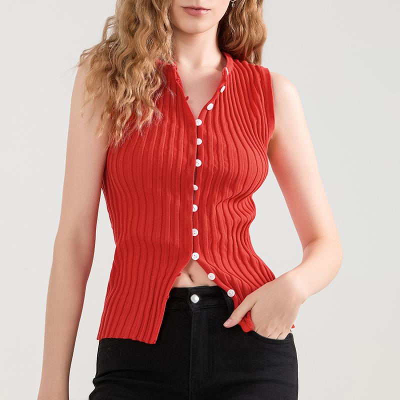 Product Introduction of Women Knit Tank Top, Sleeveless Button Closure SolidFit Summer Casual Vest Streetwear 34