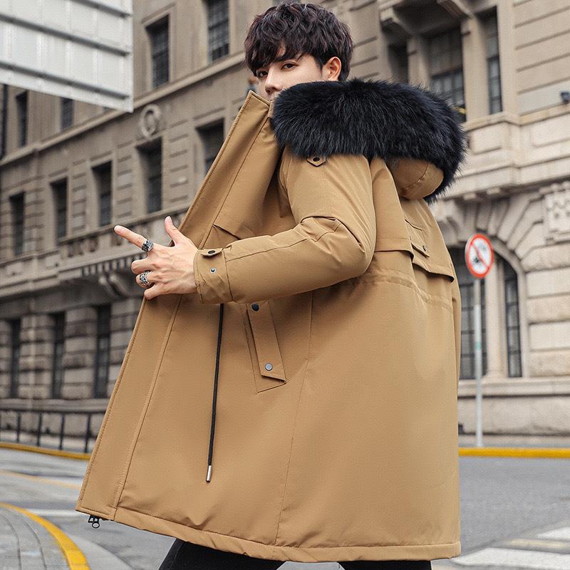 Áo khoác nam dáng dài lót lông, áo phao parka nam đại hàn mũ lông phong cách hàn quốc AP05 Menswear Dài Tay Nhung Nâu 5