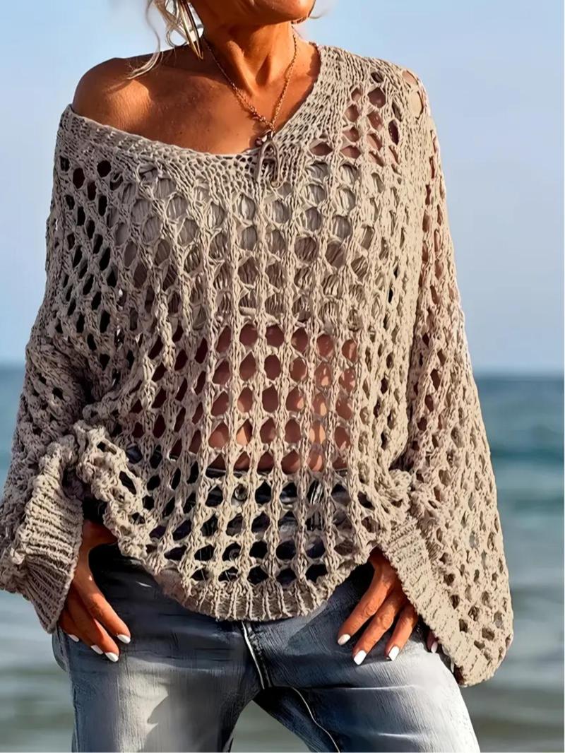 Product Introduction of Women's Plain Hollow Out Sweater, Casual   Long Sleeve Jumper for Summer, Fashion Women's Knitwear for Daily Wear 2