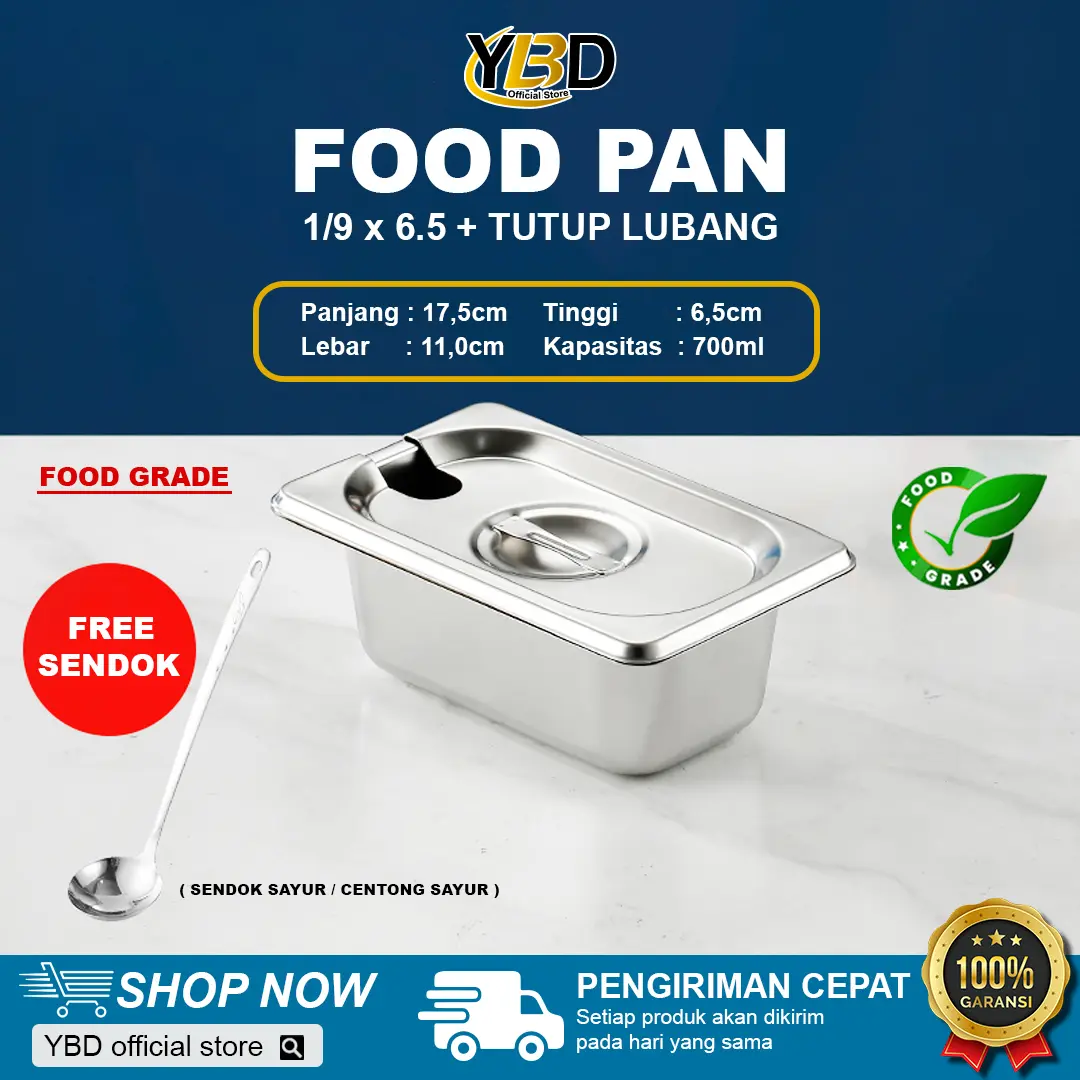 YBD - wadah makanan Stainless + Tutup lubang 1/9 x 6,5cm (17,6 x 10,8 x 6,5cm) | Foodpan Satu set tempat makan stainless steel | COD BAYAR DITEMPAT PESAN SEKARANG / tempat saus / tempat prasmanan jelly boba / tempat penyimpanan bumbu