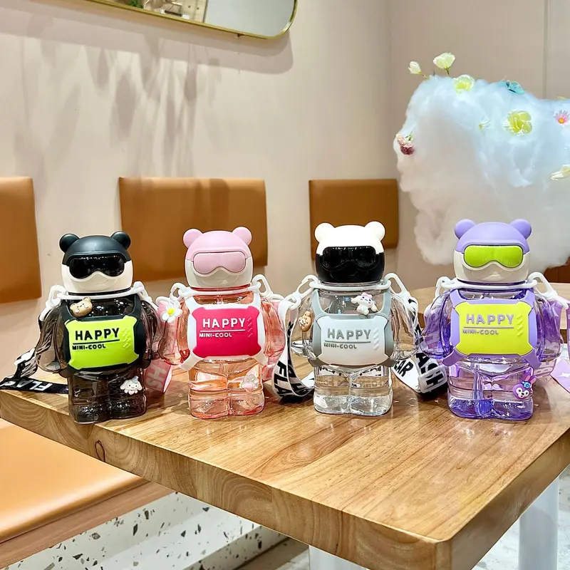 800ml Cartoon Design Water Bottle, 1 Count Portable Cute Water Bottle With Straw & Lanyard, Drinking Bottle For Student 6
