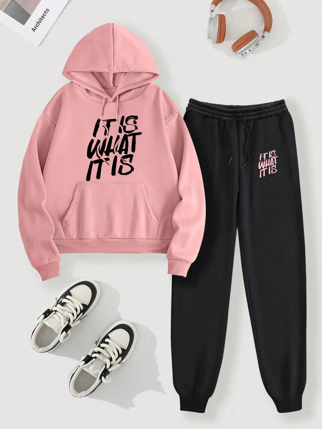 【Plus Size】 Women's Letter Print Pocket Hoodie & Sweatpants Set, 2 Piece Set Casual Long Sleeve Hooded Sweatshirt & Jogger Pants, Women's Fall & Winter Clothes Valentine's Day, gift