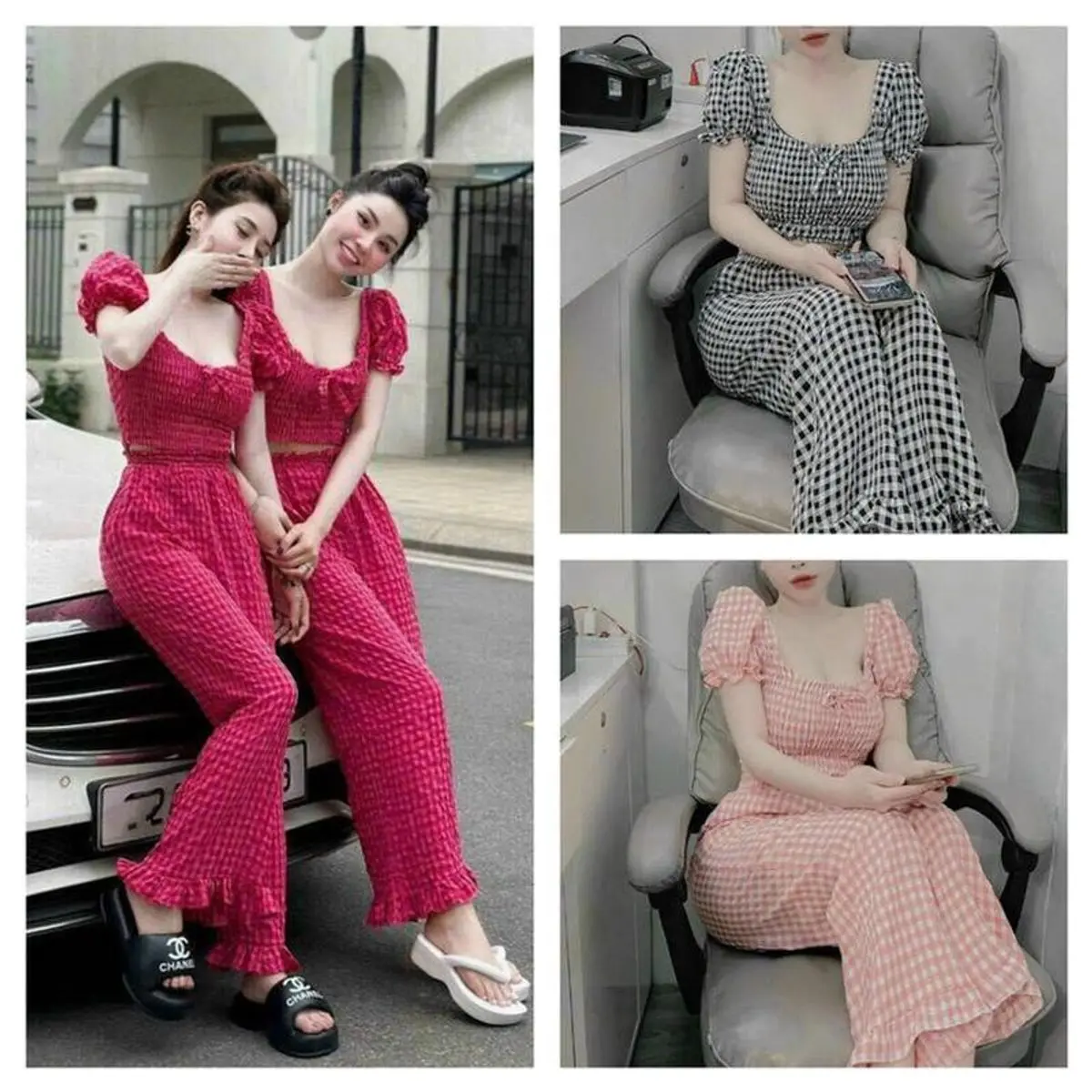 Set áo croptop bo chun tay búp quần dài caro chất đũi 3 màu Mua rẻ Top Dress Top Women