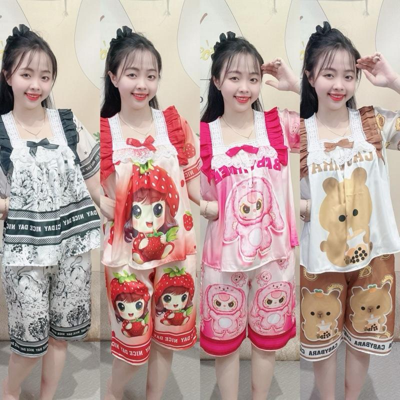 Có Bigsize 45-75kg Đồ Bộ Mặc Nhà Nữ, Tay Cộc Quần Lửng, Chất Liệu Lụa Latin Mềm Phối Voan Women