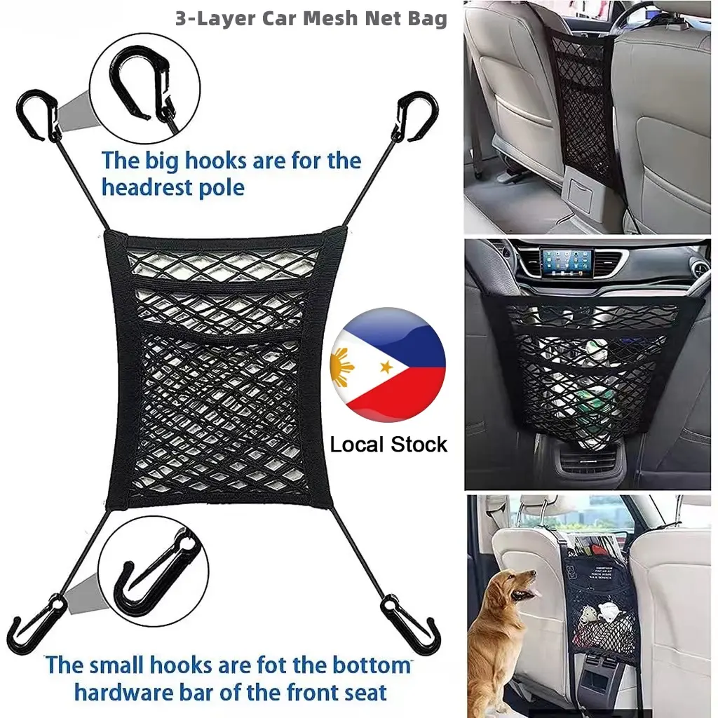 Car Net Bag Elastic Car Mesh Seat Bag Auto Seat 3-Layer Pocket Car Interior Storage Bag