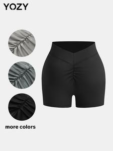 YOZY Women's Solid Ruched V-Waist Back Shorts, Casual Comfy Breathable Shorts for Daily Wear, Ladies Bottoms for All Seasons