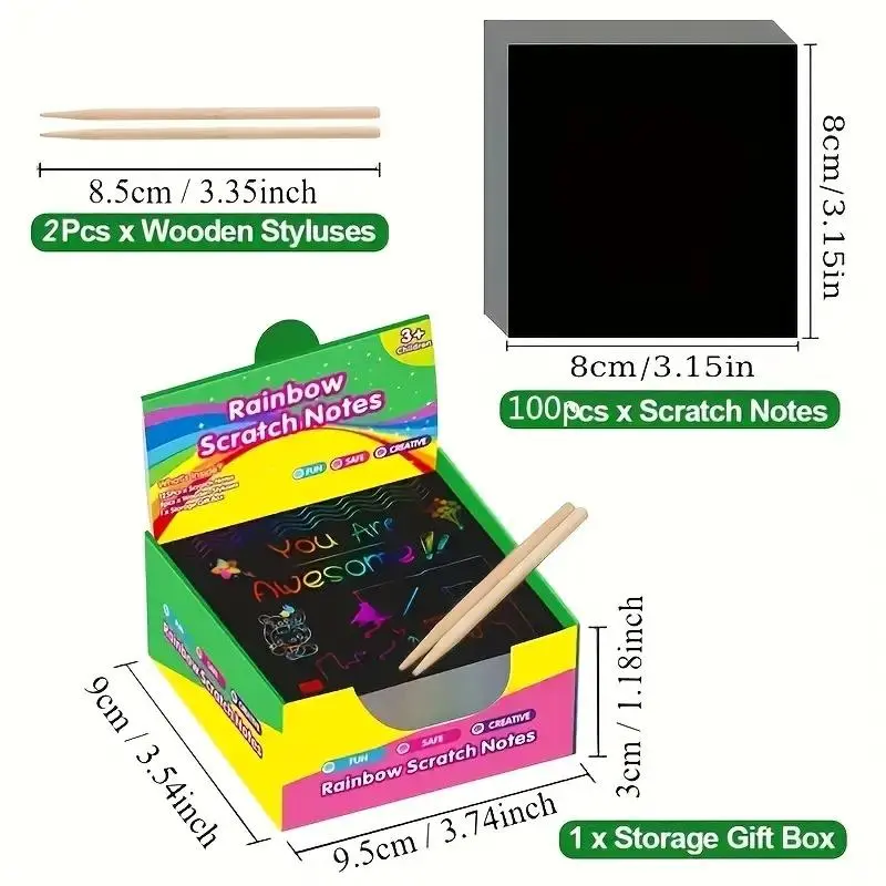 Scratch Note with Box & Pen, 100pcs/set Scratch Art Paper with 2 Counts Bamboo Pen, DIY Art Drawing Supplies for Students, Birthday Gift 1