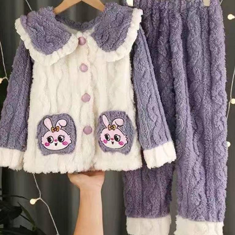Bộ Đồ Ngủ Trẻ Em, Mùa Đông, Lót Lông Cừu, Dày Dặn, Chất Liệu vải nỉ Thiết Kế Dễ Thương Cho Bé Gái, Thích Hợp Cho Trẻ Em Trung Bình Và Lớn, Làm Bằng Lông Cừu San Hô, Bộ Đồ Mặc Nhà 7