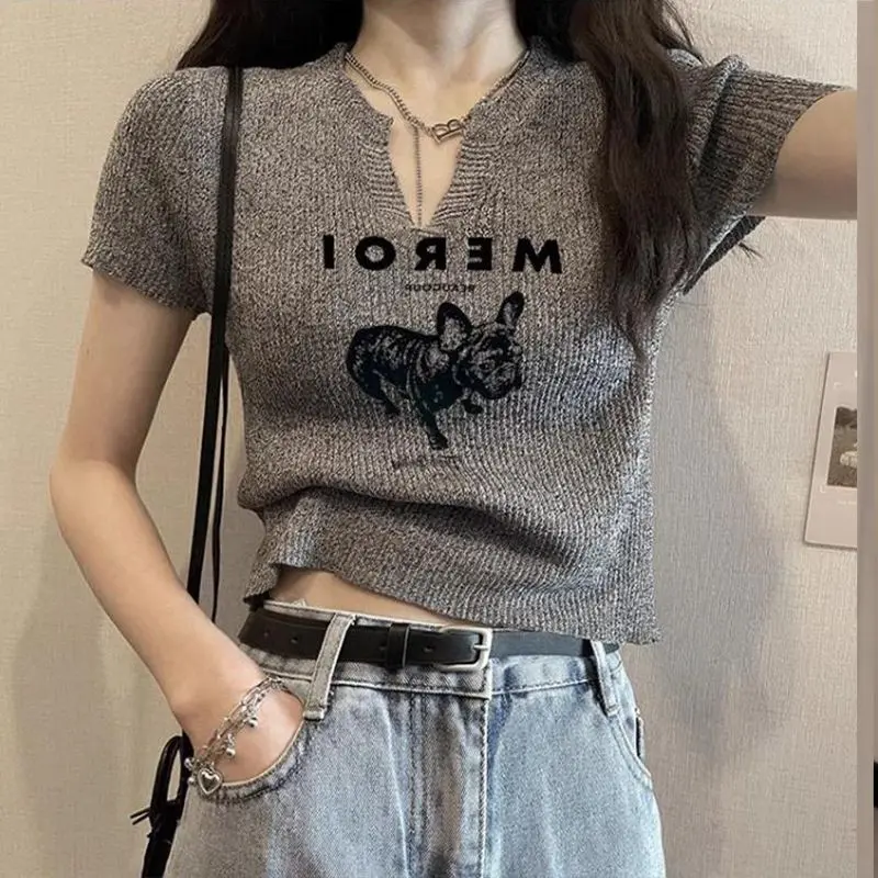 Áo Thun Dệt Kim Ngắn Tay Thanh Lịch, Áo Ôm Cổ Chữ V, Màu Xám, Mới, Mùa Hè Nữ Top Women