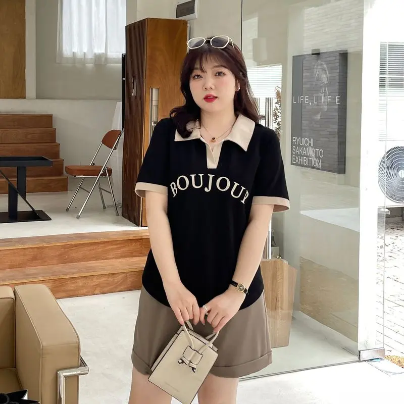 Áo Polo Cô Gái Béo Cho Nữ, Cỡ Lớn, Phong Cách Hàn Quốc Mới, Dáng Rộng, Giảm Béo, Màu Tương Phản, Áo Thun Vai, Mùa Hè