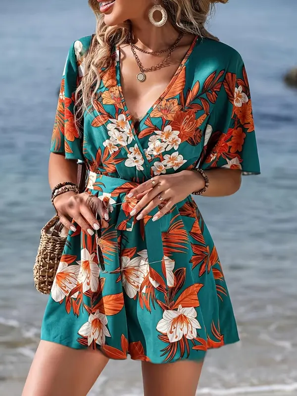 Women's Plants Print Belted Romper, Casual Short Sleeve Wide Leg Romper for Summer, Fashion Women's Clothes for Beach Holiday, Womenswear 4