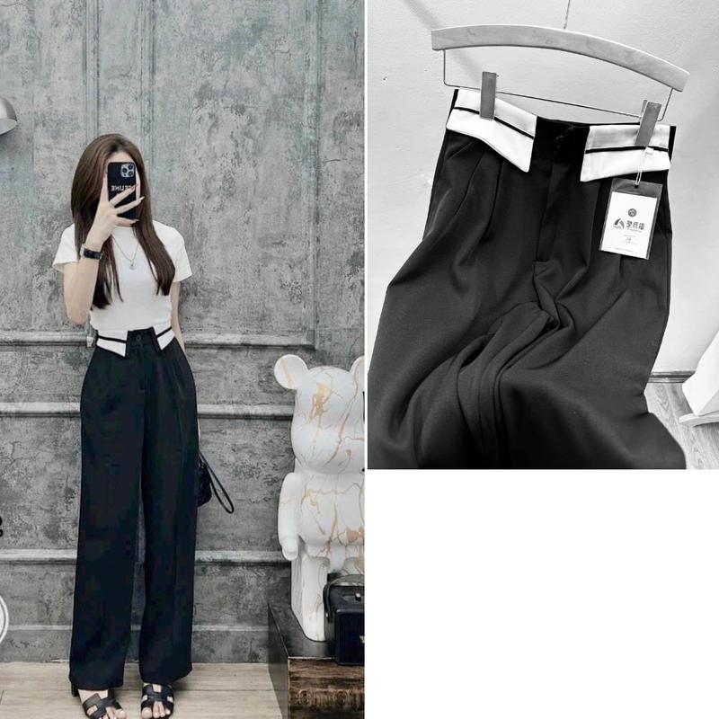[019] Quần Xuông Ruby 1 cúc Cạp viền  bẻ, quàn Culottes cạp cao Nữ Pants Women Đen 3