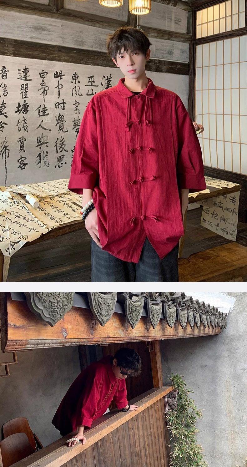 Product Introduction of Áo Sơ Mi Ngắn Tay Cotton Màu Đỏ Rượu Vang Phong Cách Trung Quốc Mới, Dành Cho Nam Giới, Phong Cách Trung Quốc, Trang Phục Mùa Hè, Cổ Chân Đế Chất Lượng Cao, Áo Sơ Mi Cải Tiến Thời Trang 4